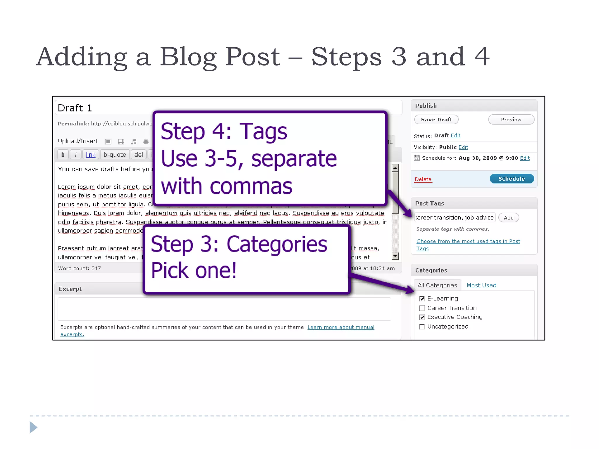 Publishing a Post Hitting “Publish” publishes immediately To schedule in advance or post date, hit “Edit” next to “Publish Immediately” 