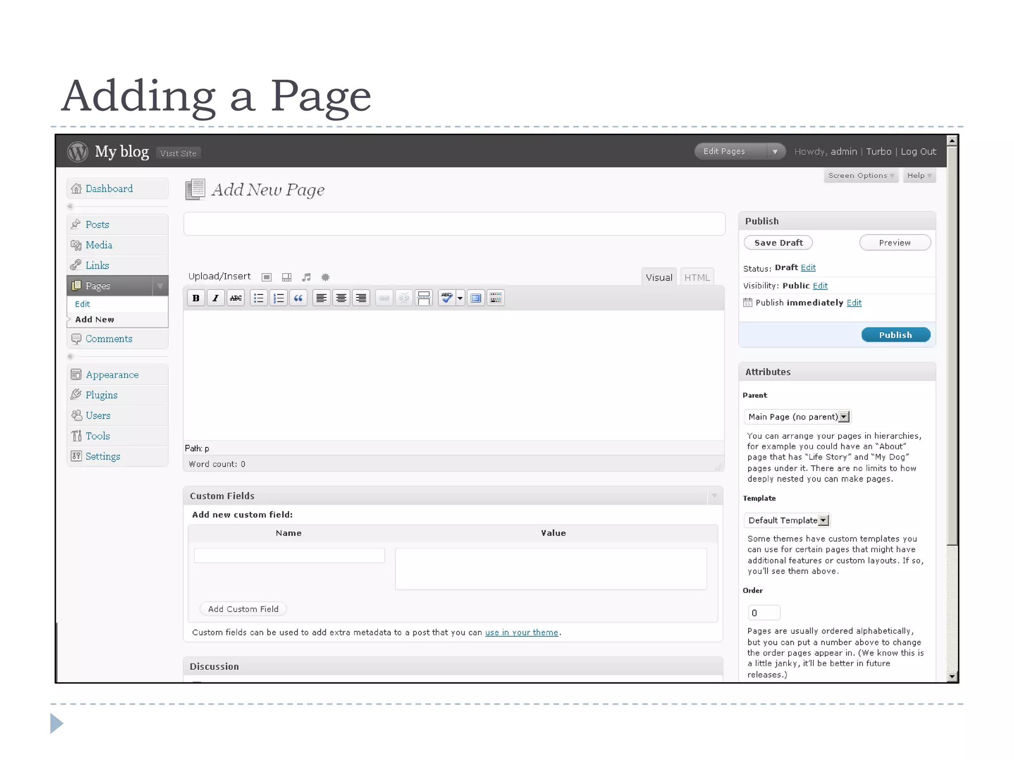 Contributor View Fewer options on the left sidebar Can Save Draft or Submit for Review – not publish 