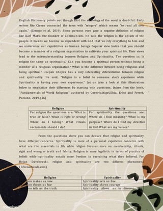 English Dictionary points out though that the etymology of the word is doubtful. Early
writers like Cicero connected the term with “relegere” which means “to read all over
again.” (Cornejo et al, 2019). Some persons even gave a negative definition of religion
like Karl Marx, the founder of Communism. He said the religion is the opium of the
people. It means we become so dependent with God that we rely everything to him and
we undermine our capabilities as human beings Popular view holds that you should
become a member of a religious organization to cultivate your spiritual life. Their views
lead to the misunderstanding between Religion and Spirituality. The question is: Is
religion the same as spirituality? Can you become a spiritual person without being a
member of a religious organization? What is the difference between being religious and
being spiritual? Deepak Chopra has a very interesting differentiation between religion
and spirituality. He said, “Religion is a belief to someone else’s experience while
Spirituality is having your own experience.” Let us take a look at this illustration
below to emphasize their differences by starting with questions. (taken from the book,
“Fundamentals of World Religions” authored by Cornejo,Nigel,Ebia, Erlito and Ferrer,
Paciano, 2019.p16)
Religion Spirituality
For religion the questions are: What is
true or false? What is right or wrong?
Where do I belong? What rituals,
sacraments should I do?
For spirituality the questions are:
Where do I find meaning? What is my
purpose? Where do I find my direction
in life? What are my values?
From the questions above you can deduce that religion and spirituality
have different concerns. Spirituality is more of a personal experience concerns with
what are the essentials in life while religion focuses more on membership, rituals,
right and wrong or truth and falsity. Religion is more legalistic in terms of practice of
beliefs while spirituality entails more freedom in exercising what they believed. For
Dejan Davchevski, religion and spirituality are two different phenomena
( lifecoachcode.com)
Religion Spirituality
Religion makes us vow Spirituality sets us free
Religion shows us fear Spirituality shows courage
Religion tells us the truth Spirituality allows us to discover the
 