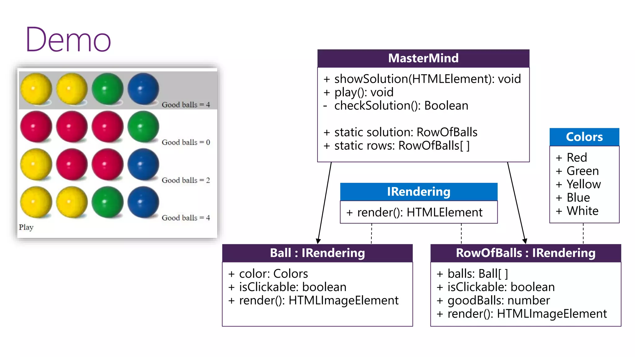Demo
+ showSolution(HTMLElement): void
+ play(): void
- checkSolution(): Boolean
+ static solution: RowOfBalls
+ static rows: RowOfBalls[ ]
+ color: Colors
+ isClickable: boolean
+ render(): HTMLImageElement
+ render(): HTMLElement
+ Red
+ Green
+ Yellow
+ Blue
+ White
+ balls: Ball[ ]
+ isClickable: boolean
+ goodBalls: number
+ render(): HTMLImageElement
 