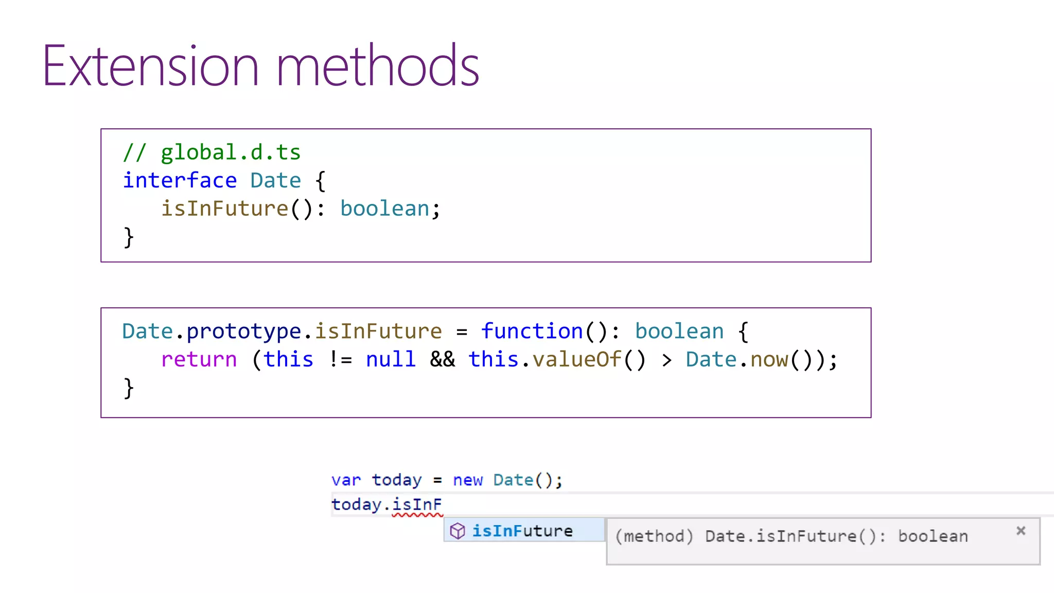 Extension methods
// global.d.ts
interface Date {
isInFuture(): boolean;
}
Date.prototype.isInFuture = function(): boolean {
return (this != null && this.valueOf() > Date.now());
}
 