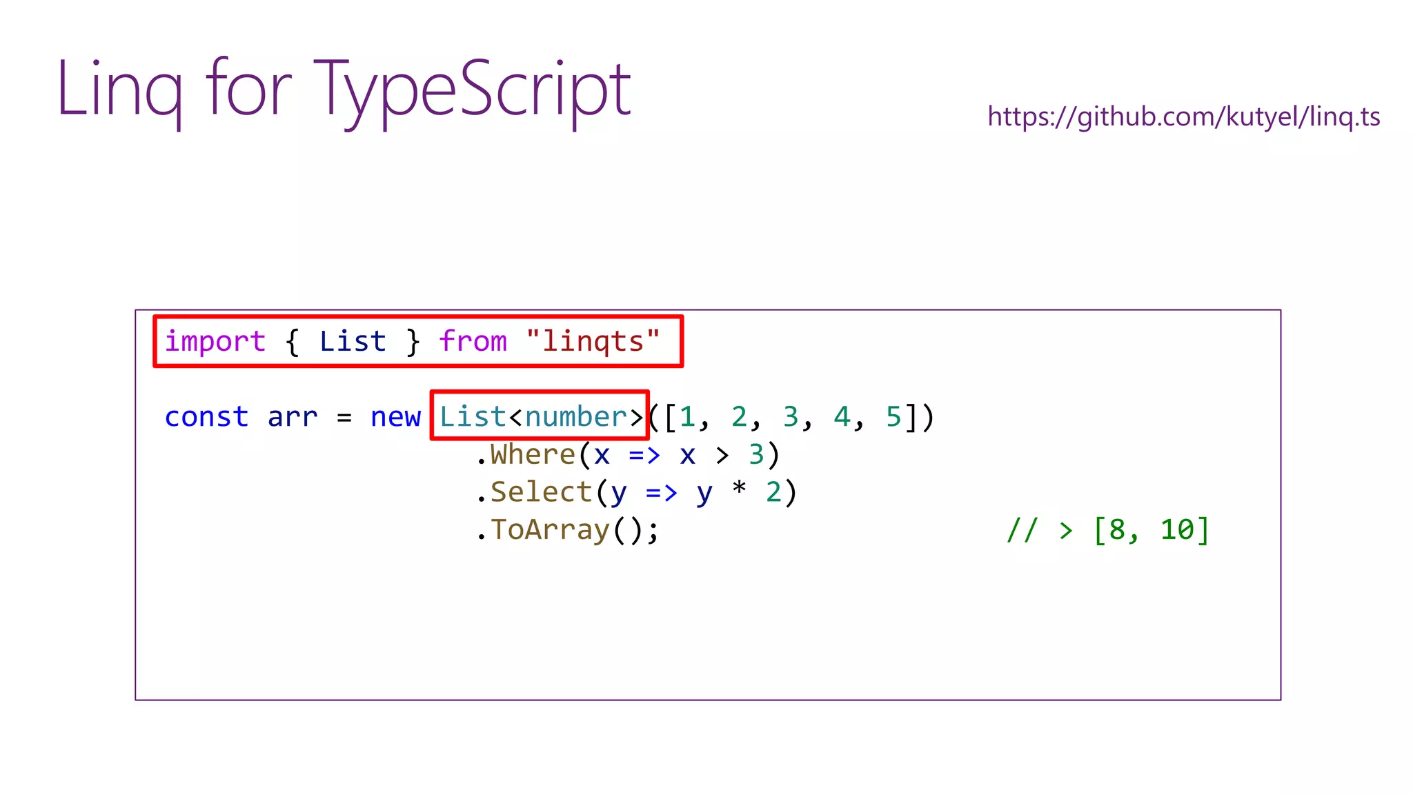 Linq for TypeScript https://github.com/kutyel/linq.ts
import { List } from "linqts"
const arr = new List<number>([1, 2, 3, 4, 5])
.Where(x => x > 3)
.Select(y => y * 2)
.ToArray(); // > [8, 10]
 