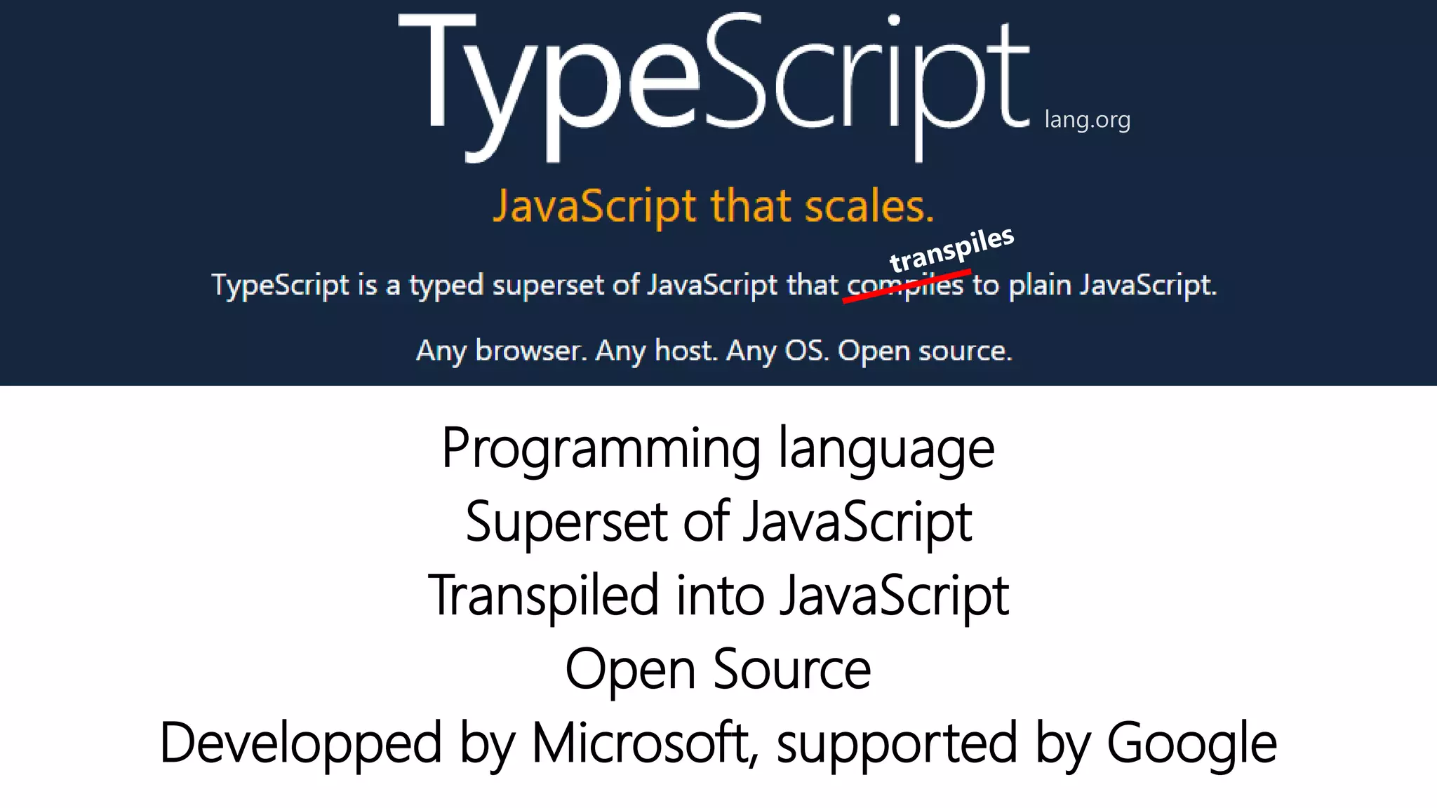 Programming language
Superset of JavaScript
Transpiled into JavaScript
Open Source
Developped by Microsoft, supported by Google
lang.org
 