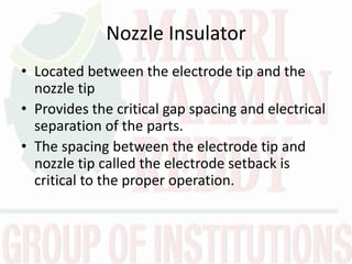 Nozzle Insulator
• Located between the electrode tip and the
nozzle tip
• Provides the critical gap spacing and electrical
separation of the parts.
• The spacing between the electrode tip and
nozzle tip called the electrode setback is
critical to the proper operation.
 