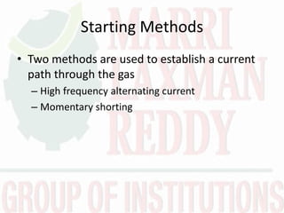 Starting Methods
• Two methods are used to establish a current
path through the gas
– High frequency alternating current
– Momentary shorting
 