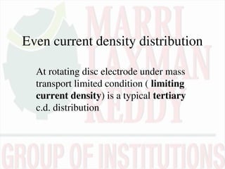 Even current density distribution
At rotating disc electrode under mass
transport limited condition ( limiting
current density) is a typical tertiary
c.d. distribution
 