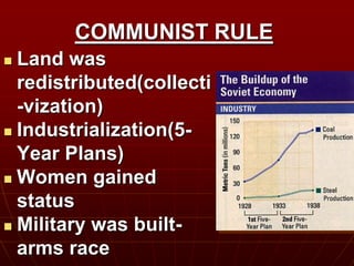 COMMUNIST RULE
 Land was
redistributed(collecti
-vization)
 Industrialization(5-
Year Plans)
 Women gained
status
 Military was built-
arms race
 
