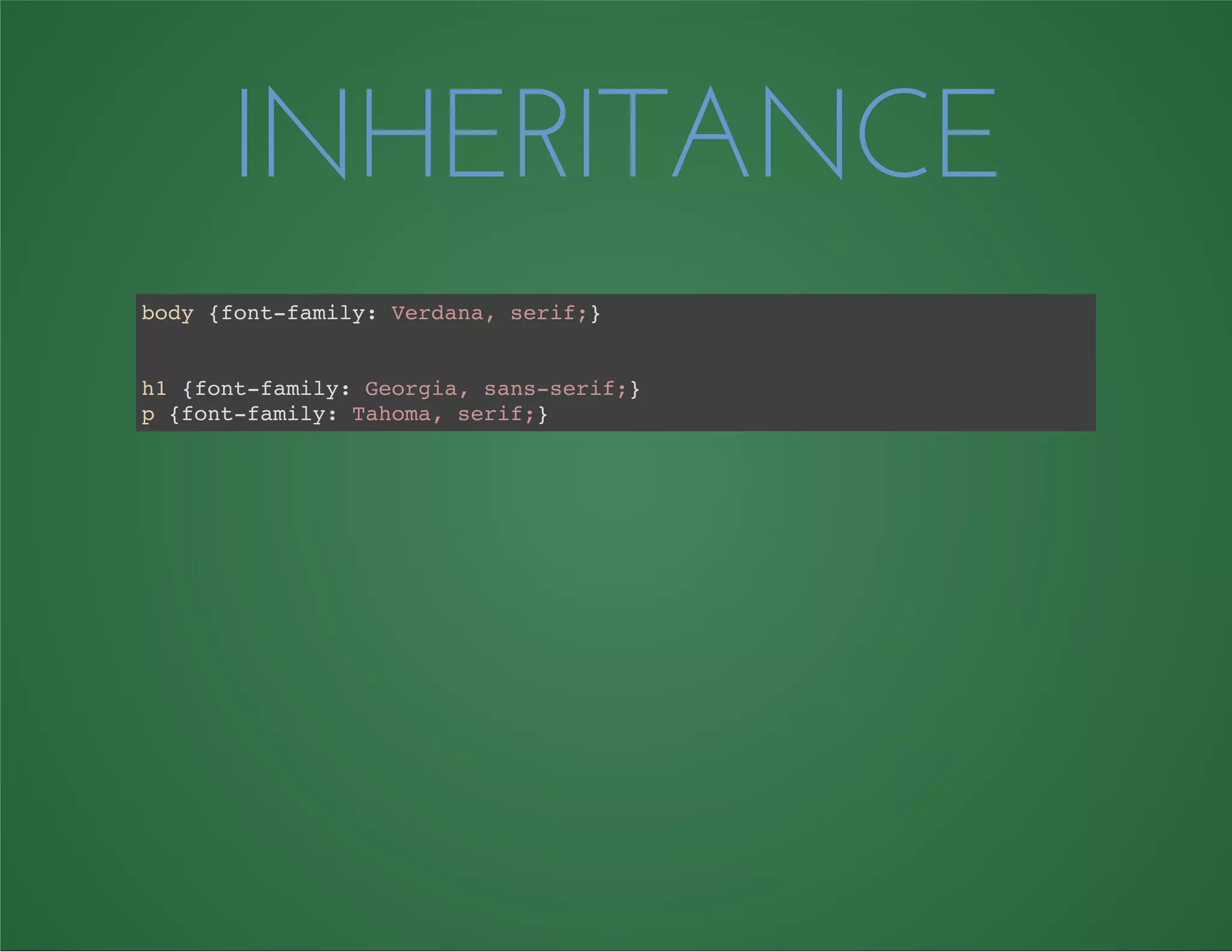 INHERITANCE
body {font-family: Verdana, serif;}
h1 {font-family: Georgia, sans-serif;}
p {font-family: Tahoma, serif;}
 