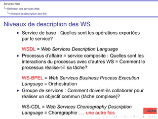 Services Web
Définition des services Web
Niveaux de description des WS
Niveaux de description des WS
I Service de base : Quelles sont les opérations exportées
par le service?
WSDL = Web Services Description Language
I Processus d’affaire = service composite : Quelles sont les
interactions du processus avec d’autres WS = Comment le
processus réalise-t-il sa tâche?
WS-BPEL = Web Services Business Process Execution
Language = Orchestration
I Groupe de services : Comment doivent-ils collaborer pour
réaliser un objectif commun (tâche complexe)?
WS-CDL = Web Services Choreography Description
Language = Chorégraphie . . . une autre fois
 