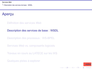 Services Web
Description des services de base : WSDL
Aperçu
Définition des services Web
Description des services de base : WSDL
Description des processus : WS-BPEL
Services Web vs. composants logiciels
Travaux en cours au LATECE sur les WS
Quelques pistes à explorer
 