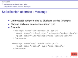 Services Web
Description des services de base : WSDL
Spécification abtraite : structure et exemples
Spécification abstraite : Message
I Un message comporte une ou plusieurs parties (champs)
I Chaque partie est caractérisée par un type
I Exemple :
<message name="GetTradePriceInput">
<part name="tickerSymbol" element="xsd:string"/>
<part name="time"element="xsd:timeInstant"/>
</message>
<message name="GetTradePriceOutput">
<part name="result" type="xsd:float"/>
</message>
 