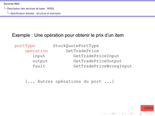 Services Web
Description des services de base : WSDL
Spécification abtraite : structure et exemples
Exemple : Une opération pour obtenir le prix d’un item
portType StockQuotePortType
operation GetTradePrice
input GetTradePriceInput
output GetTradePriceOutput
fault GetTradePriceWrongInput
[... Autres opérations du port ...]
 
