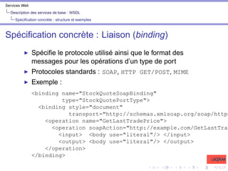 Services Web
Description des services de base : WSDL
Spécification concrète : structure et exemples
Spécification concrète : Liaison (binding)
I Spécifie le protocole utilisé ainsi que le format des
messages pour les opérations d’un type de port
I Protocoles standards : SOAP, HTTP GET/POST, MIME
I Exemple :
<binding name="StockQuoteSoapBinding"
type="StockQuotePortType">
<binding style="document"
transport="http://schemas.xmlsoap.org/soap/http"
<operation name="GetLastTradePrice">
<operation soapAction="http://example.com/GetLastTrad
<input> <body use="literal"/> </input>
<output> <body use="literal"/> </output>
</operation>
</binding>
 