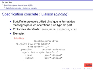 Services Web
Description des services de base : WSDL
Spécification concrète : structure et exemples
Spécification concrète : Liaison (binding)
I Spécifie le protocole utilisé ainsi que le format des
messages pour les opérations d’un type de port
I Protocoles standards : SOAP, HTTP GET/POST, MIME
I Exemple :
binding
StockQuotePortType
<binding style="document"
transport="..."
operation GetLastTradePrice
operation soapAction="..."
input use="literal"
output use="literal"
 