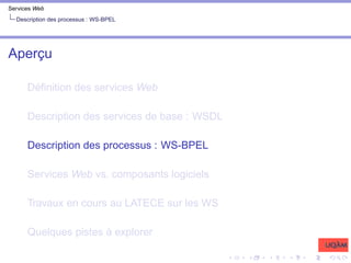 Services Web
Description des processus : WS-BPEL
Aperçu
Définition des services Web
Description des services de base : WSDL
Description des processus : WS-BPEL
Services Web vs. composants logiciels
Travaux en cours au LATECE sur les WS
Quelques pistes à explorer
 