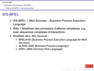 Services Web
Description des processus : WS-BPEL
Rôle de WS-BPEL et structure générale
WS-BPEL
I WS-BPEL = Web Services – Business Process Execution
Language
I Rôle = Modéliser des processus d’affaires complexes, e.g.,
avec séquences complexes d’interactions
I Ancêtres (BEA, IBM, Microsoft) :
I BPEL4WS (Business Process Execution Language for Web
Services)
I XLANG (XML Business Process Language)
I WSFL (Web Services Flow Language)
 