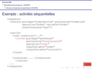 Services Web
Description des processus : WS-BPEL
Structure et exemple de spécification WS-BPEL
Exemple : activités séquentielles
<sequence>
<receive portType="orderService" partnerLink="ordering"
operation="order" variable="order"
createInstance="yes"/>
<switch>
<case condition="...">
<invoke portType="warehouse"
partnerLink="warehouseLnk"
operation="order"
inputVariable="order"
outputVariable="invoice"/>
</case>
<otherwise> ... </otherwise>
</switch>
...
</sequence>
 