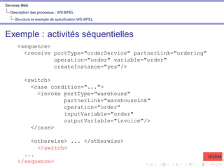 Services Web
Description des processus : WS-BPEL
Structure et exemple de spécification WS-BPEL
Exemple : activités séquentielles
<sequence>
<receive portType="orderService" partnerLink="ordering"
operation="order" variable="order"
createInstance="yes"/>
<switch>
<case condition="...">
<invoke portType="warehouse"
partnerLink="warehouseLnk"
operation="order"
inputVariable="order"
outputVariable="invoice"/>
</case>
<otherwise> ... </otherwise>
</switch>
...
</sequence>
 