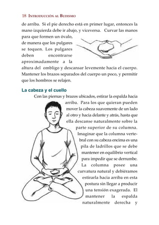 18 INTRODUCCIÓN AL BUDISMO

de arriba. Si el pie derecho está en primer lugar, entonces la
mano izquierda debe ir abajo, y viceversa. Curvar las manos
para que formen un óvalo,
de manera que los pulgares
se toquen. Los pulgares
deben          encontrarse
aproximadamente a la
altura del ombligo y descansar levemente hacia el cuerpo.
Mantener los brazos separados del cuerpo un poco, y permitir
que los hombros se relajen.

La cabeza y el cuello
      Con las piernas y brazos ubicados, estirar la espalda hacia
                       arriba. Para los que quieran pueden
                        mover la cabeza suavemente de un lado
                        al otro y hacia delante y atrás, hasta que
                        ella descanse naturalmente sobre la
                              parte superior de su columna.
                               Imaginar que la columna verte-
                                bral con su cabeza encima es una
                                 pila de ladrillos que se debe
                                  mantener en equilibrio vertical
                                  para impedir que se derrumbe.
                                 La columna posee una
                               curvatura natural y debiéramos
                                  estirarla hacia arriba en esta
                                   postura sin llegar a producir
                                    una tensión exagerada. El
                                    mantener       la     espalda
                                  naturalmente derecha y
 