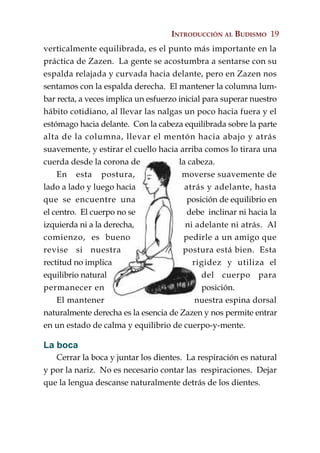 INTRODUCCIÓN AL BUDISMO 19
verticalmente equilibrada, es el punto más importante en la
práctica de Zazen. La gente se acostumbra a sentarse con su
espalda relajada y curvada hacia delante, pero en Zazen nos
sentamos con la espalda derecha. El mantener la columna lum-
bar recta, a veces implica un esfuerzo inicial para superar nuestro
hábito cotidiano, al llevar las nalgas un poco hacia fuera y el
estómago hacia delante. Con la cabeza equilibrada sobre la parte
alta de la columna, llevar el mentón hacia abajo y atrás
suavemente, y estirar el cuello hacia arriba comos lo tirara una
cuerda desde la corona de              la cabeza.
    En esta postura,                    moverse suavemente de
lado a lado y luego hacia                atrás y adelante, hasta
que se encuentre una                      posición de equilibrio en
el centro. El cuerpo no se                debe inclinar ni hacia la
izquierda ni a la derecha,               ni adelante ni atrás. Al
comienzo, es bueno                       pedirle a un amigo que
revise si nuestra                       postura está bien. Esta
rectitud no implica                        rigidez y utiliza el
equilibrio natural                             del cuerpo para
permanecer en                                  posición.
    El mantener                             nuestra espina dorsal
naturalmente derecha es la esencia de Zazen y nos permite entrar
en un estado de calma y equilibrio de cuerpo-y-mente.

La boca
   Cerrar la boca y juntar los dientes. La respiración es natural
y por la nariz. No es necesario contar las respiraciones. Dejar
que la lengua descanse naturalmente detrás de los dientes.
 