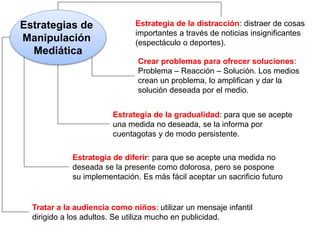 Estrategias de
Manipulación
Mediática
Estrategia de la distracción: distraer de cosas
importantes a través de noticias insignificantes
(espectáculo o deportes).
Crear problemas para ofrecer soluciones:
Problema – Reacción – Solución. Los medios
crean un problema, lo amplifican y dar la
solución deseada por el medio.
Estrategia de la gradualidad: para que se acepte
una medida no deseada, se la informa por
cuentagotas y de modo persistente.
Estrategia de diferir: para que se acepte una medida no
deseada se la presente como dolorosa, pero se pospone
su implementación. Es más fácil aceptar un sacrificio futuro
Tratar a la audiencia como niños: utilizar un mensaje infantil
dirigido a los adultos. Se utiliza mucho en publicidad.
 