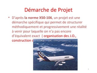 Démarche de Projet
• D’après la norme X50-106, un projet est une
démarche spécifique qui permet de structurer
méthodiquement et progressivement une réalité
à venir pour laquelle on n’a pas encore
d’équivalent exact ( organisation des J.O.,
construction de l’A3XX…)

1

 