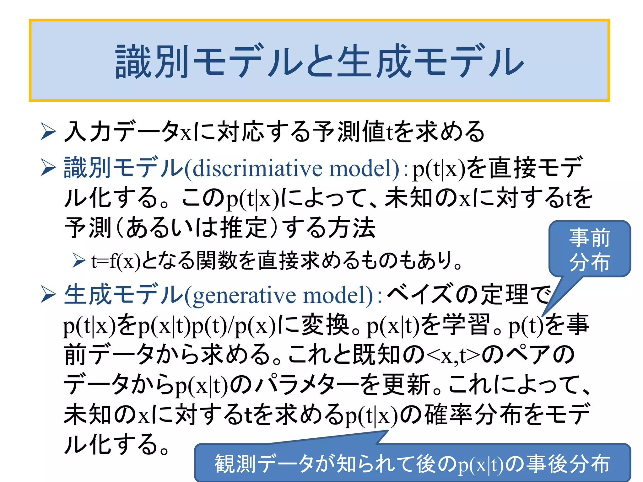 識別モデルと生成モデル
 入力データxに対応する予測値tを求める
 識別モデル(discrimiative model)：p(t|x)を直接モデ
ル化する。 このp(t|x)によって、未知のxに対するtを
予測（あるいは推定）する方法
t=f(x)となる関数を直接求めるものもあり。
 生成モデル(generative model)：ベイズの定理で
p(t|x)をp(x|t)p(t)/p(x)に変換。p(x|t)を学習。p(t)を事
前データから求める。これと既知の<x,t>のペアの
データからp(x|t)のパラメターを更新。これによって、
未知のxに対するｔを求めるp(t|x)の確率分布をモデ
ル化する。
事前
分布
観測データが知られて後のp(x|t)の事後分布
 