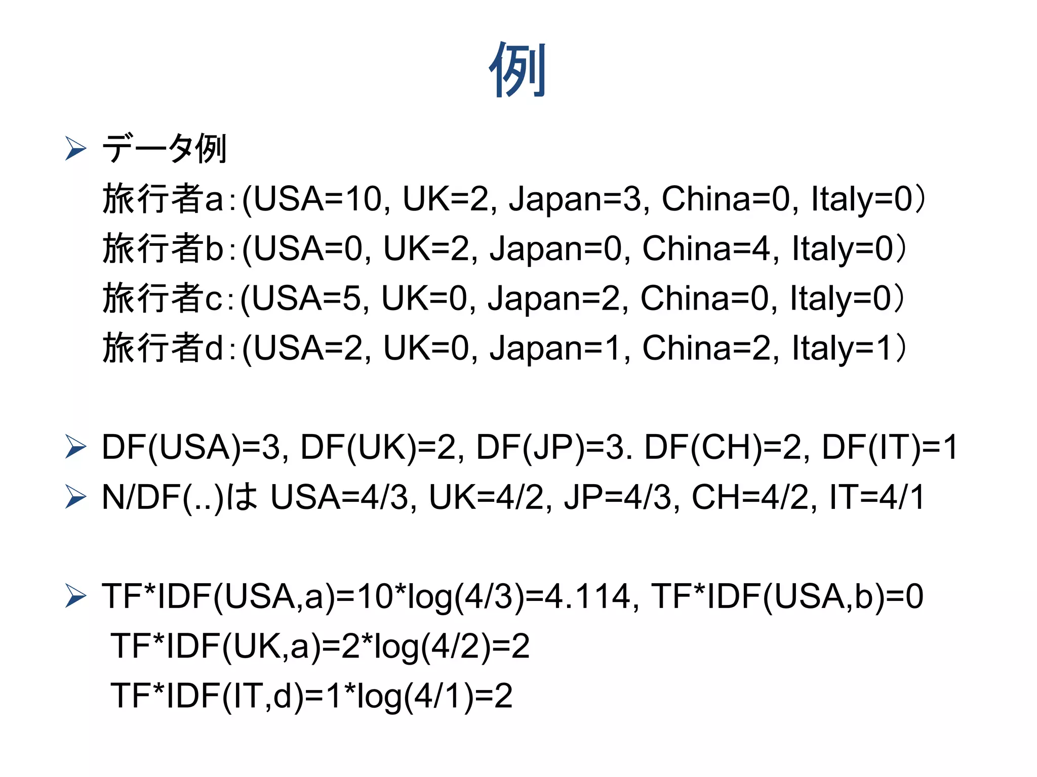 例
 データ例
旅行者a：(USA=10, UK=2, Japan=3, China=0, Italy=0）
旅行者b：(USA=0, UK=2, Japan=0, China=4, Italy=0）
旅行者c：(USA=5, UK=0, Japan=2, China=0, Italy=0）
旅行者d：(USA=2, UK=0, Japan=1, China=2, Italy=1）
 DF(USA)=3, DF(UK)=2, DF(JP)=3. DF(CH)=2, DF(IT)=1
 N/DF(..)は USA=4/3, UK=4/2, JP=4/3, CH=4/2, IT=4/1
 TF*IDF(USA,a)=10*log(4/3)=4.114, TF*IDF(USA,b)=0
TF*IDF(UK,a)=2*log(4/2)=2
TF*IDF(IT,d)=1*log(4/1)=2
 