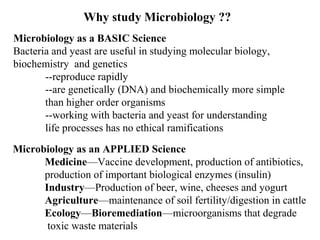 Why study Microbiology ??
Microbiology as a BASIC Science
Bacteria and yeast are useful in studying molecular biology,
biochemistry and genetics
--reproduce rapidly
--are genetically (DNA) and biochemically more simple
than higher order organisms
--working with bacteria and yeast for understanding
life processes has no ethical ramifications
Microbiology as an APPLIED Science
Medicine—Vaccine development, production of antibiotics,
production of important biological enzymes (insulin)
Industry—Production of beer, wine, cheeses and yogurt
Agriculture—maintenance of soil fertility/digestion in cattle
Ecology—Bioremediation—microorganisms that degrade
toxic waste materials
 