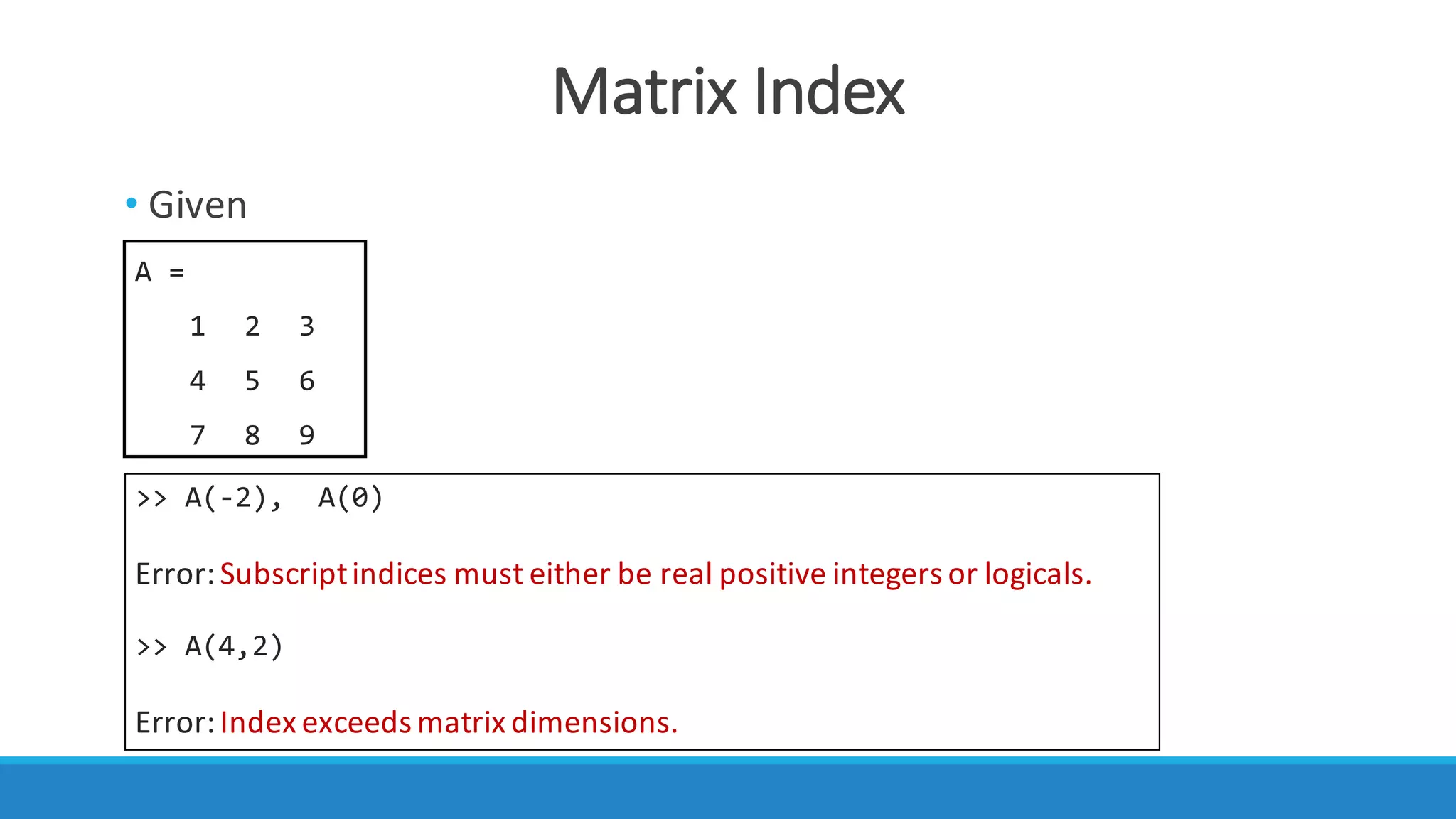 Matrix	Index
• Given
A =
1 2 3
4 5 6
7 8 9
>> A(-2), A(0)
Error:	Subscript	indices must either be	real positive integers or logicals.
>> A(4,2)
Error:	Index	exceeds matrix dimensions.
 