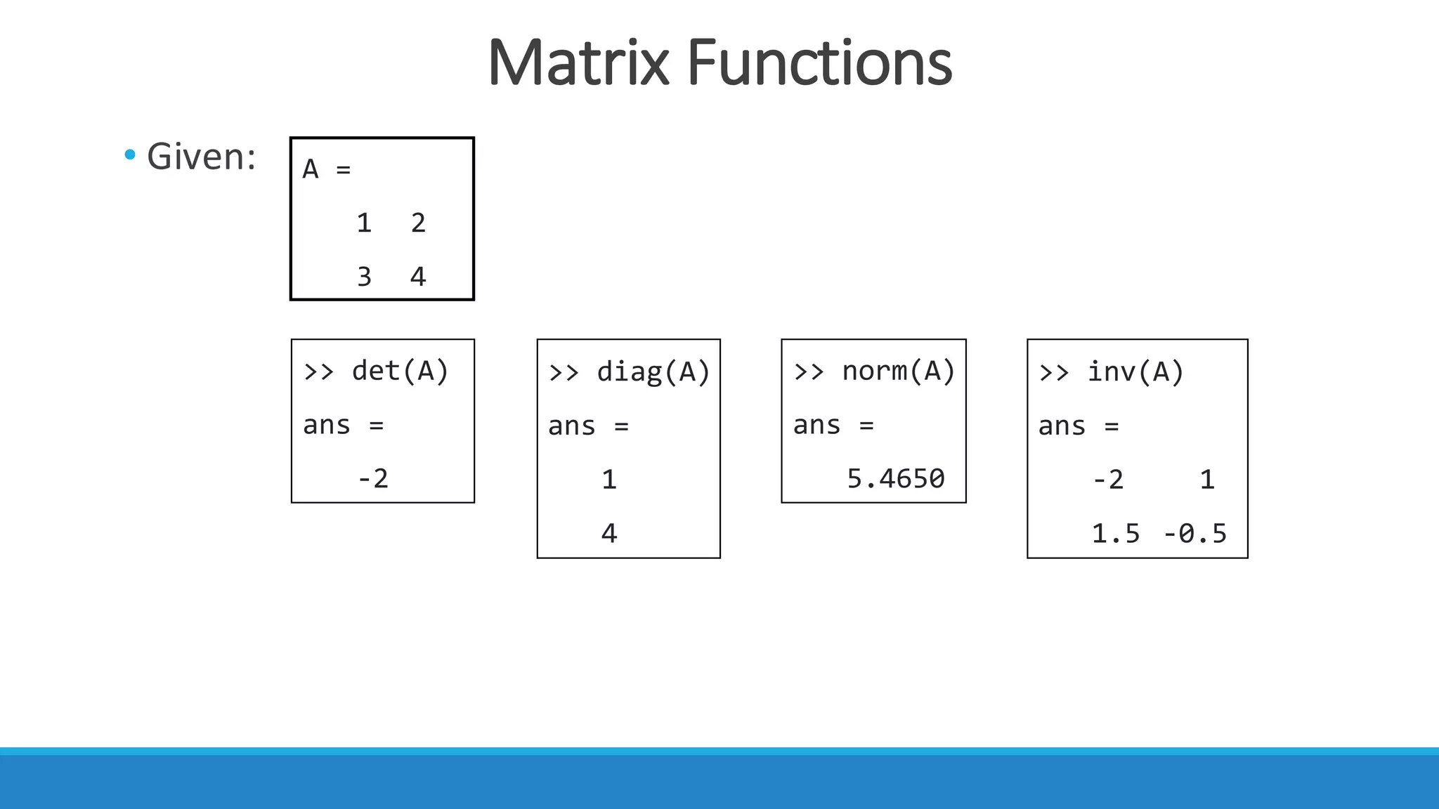 Matrix	Functions
• Given: A =
1 2
3 4
>> det(A)
ans =
-2
>> diag(A)
ans =
1
4
>> inv(A)
ans =
-2 1
1.5 -0.5
>> norm(A)
ans =
5.4650
 