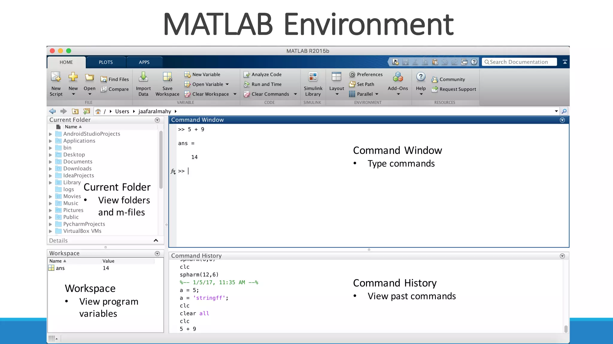 MATLAB	Environment
Command	Window
• Type	commands
Current	Folder
• View	folders	
and	m-files
Workspace
• View	program	
variables
Command	History
• View	past	commands
 