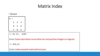 Matrix	Index
• Given
A =
1 2 3
4 5 6
7 8 9
>> A(-2), A(0)
Error:	Subscript	indices must either be	real positive integers or logicals.
>> A(4,2)
Error:	Index	exceeds matrix dimensions.
 