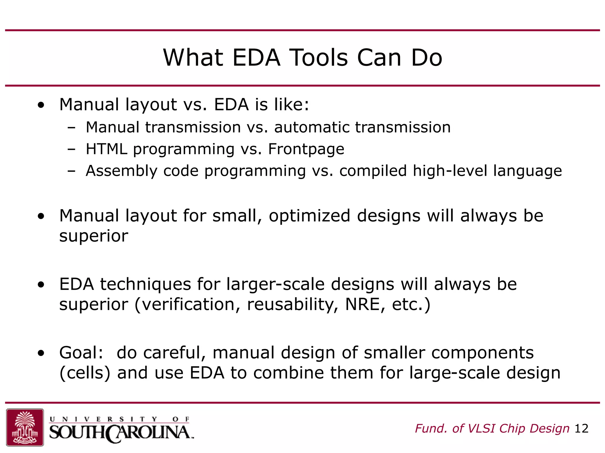 Fund. of VLSI Chip Design 12
What EDA Tools Can Do
• Manual layout vs. EDA is like:
– Manual transmission vs. automatic transmission
– HTML programming vs. Frontpage
– Assembly code programming vs. compiled high-level language
• Manual layout for small, optimized designs will always be
superior
• EDA techniques for larger-scale designs will always be
superior (verification, reusability, NRE, etc.)
• Goal: do careful, manual design of smaller components
(cells) and use EDA to combine them for large-scale design
 