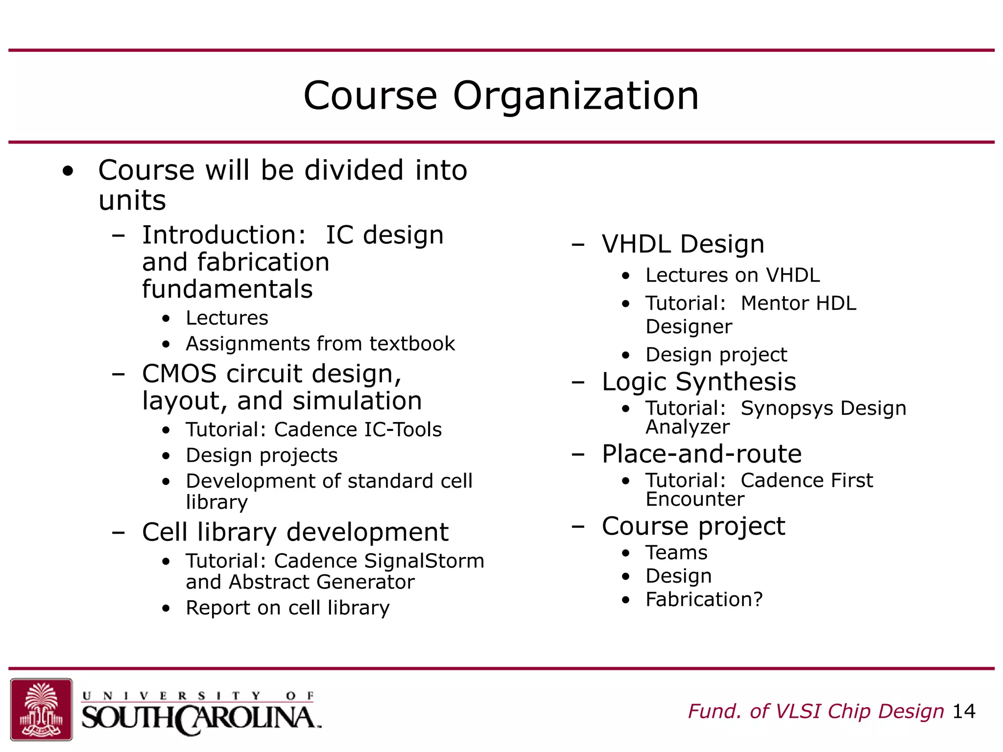 Fund. of VLSI Chip Design 14
Course Organization
• Course will be divided into
units
– Introduction: IC design
and fabrication
fundamentals
• Lectures
• Assignments from textbook
– CMOS circuit design,
layout, and simulation
• Tutorial: Cadence IC-Tools
• Design projects
• Development of standard cell
library
– Cell library development
• Tutorial: Cadence SignalStorm
and Abstract Generator
• Report on cell library
– VHDL Design
• Lectures on VHDL
• Tutorial: Mentor HDL
Designer
• Design project
– Logic Synthesis
• Tutorial: Synopsys Design
Analyzer
– Place-and-route
• Tutorial: Cadence First
Encounter
– Course project
• Teams
• Design
• Fabrication?
 
