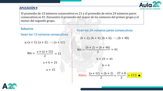 APLICACIÓN 9
El promedio de 13 números consecutivos es 21 y el promedio de otros 24 números pares
consecutivos es 41. Encuentre el promedio del mayor de los números del primer grupo y el
menor del segundo grupo.
𝐒𝐨𝐥𝐮𝐜𝐢ó𝐧:
Sean los 13 números consecutivos
a; a + 1 ; a + 2 ; ⋯ ; (a + 12)
MA =
a + (a + 12)
2
= 21
a + 6 = 21
a = 15
Sean los 24 números pares consecutivos
(b + 2); b + 4 ; b + 6 ; ⋯ ; (b + 48)
MA =
(b + 2) + (b + 48)
2
= 41
b + 25 = 41
b = 6
Piden:
(a + 12) + (b + 2)
2
=
27 + 8
2
= 17,5 ∎
 