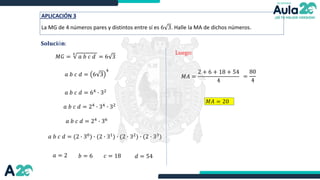 APLICACIÓN 3
La MG de 4 números pares y distintos entre sí es 6 3. Halle la MA de dichos números.
𝐒𝐨𝐥𝐮𝐜𝐢ó𝐧:
𝑀𝐺 =
4
𝑎 𝑏 𝑐 𝑑 = 6 3
𝑎 𝑏 𝑐 𝑑 = 6 3
4
𝑎 𝑏 𝑐 𝑑 = 64
∙ 32
𝑎 𝑏 𝑐 𝑑 = 24
∙ 34
∙ 32
𝑎 𝑏 𝑐 𝑑 = (2 ∙ 30) ∙ (2 ∙ 31) ∙ (2 ∙ 32) ∙ (2 ∙ 33)
𝑎 = 2 𝑏 = 6 𝑐 = 18 𝑑 = 54
𝑎 𝑏 𝑐 𝑑 = 24
∙ 36
Luego:
𝑀𝐴 =
2 + 6 + 18 + 54
4
=
80
4
𝑀𝐴 = 20
 
