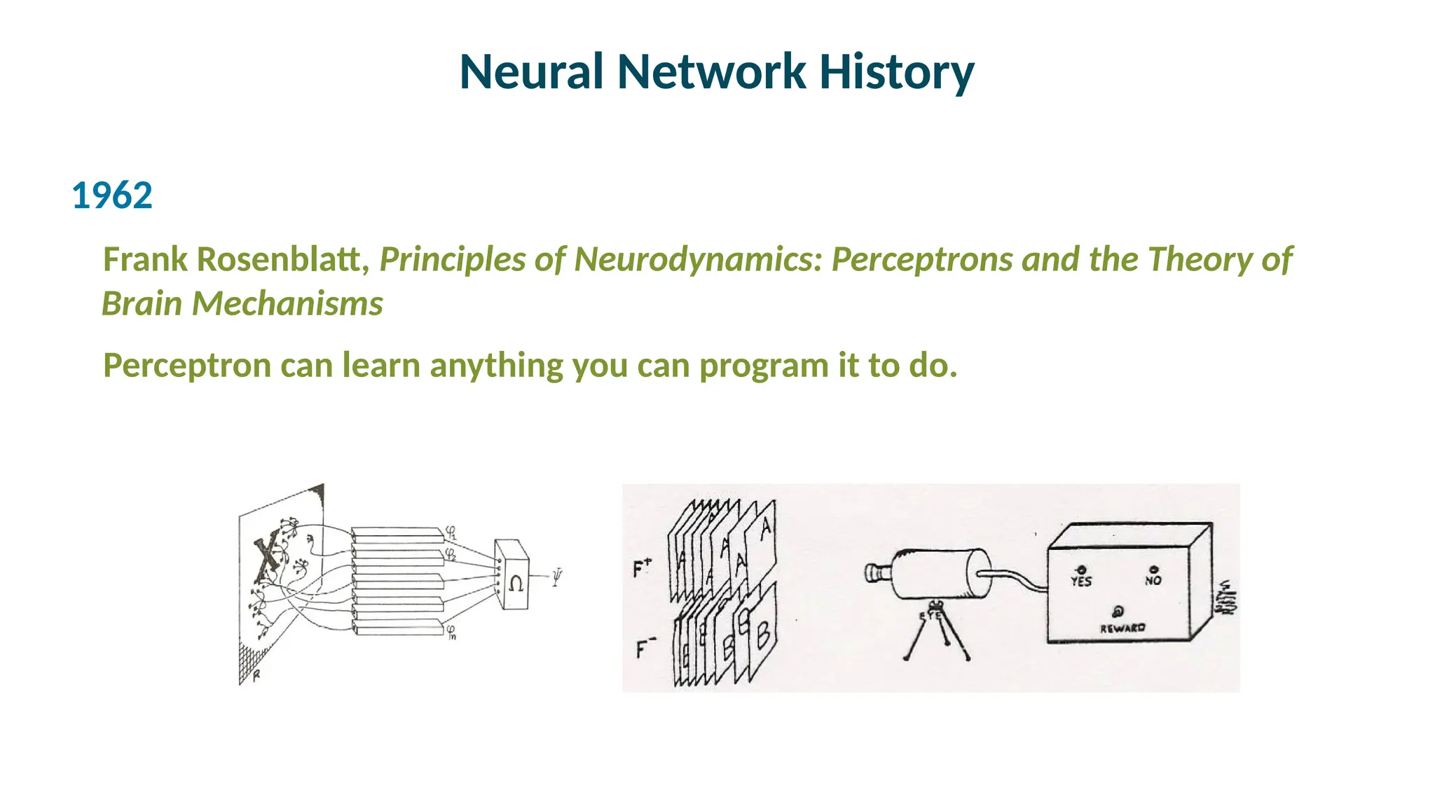 Neural Network History

1962
Frank Rosenblatt, Principles of Neurodynamics: Perceptrons and the Theory of
Brain Mechanisms
Perceptron can learn anything you can program it to do.
 