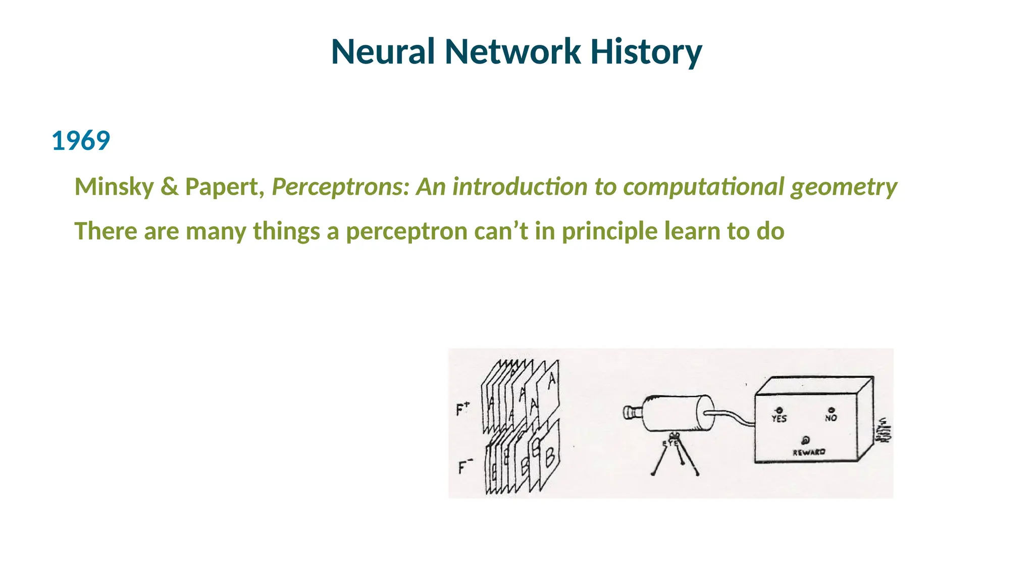 Neural Network History

1969
Minsky & Papert, Perceptrons: An introduction to computational geometry
There are many things a perceptron can’t in principle learn to do
 