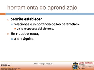 herramienta de aprendizajepermite establecer relaciones e importancia de losparámetros en la respuesta del sistema. En nuestro caso, una máquina.