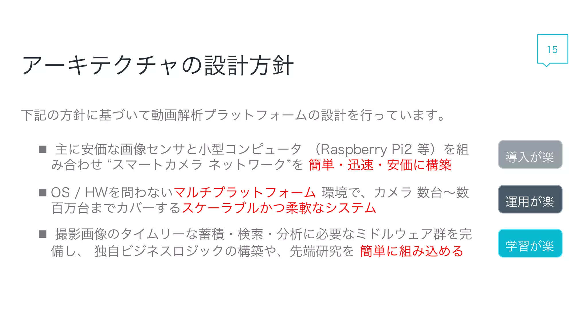 アーキテクチャの設計方針
下記の方針に基づいて動画解析プラットフォームの設計を行っています。
 主に安価な画像センサと小型コンピュータ （Raspberry Pi2 等）を組み合わせ
“スマートカメラ ネットワーク”を 簡単・迅速・安価に構築
 OS / HWを問わないマルチプラットフォーム 環境で、カメラ 数台～数百万台ま
でカバーするスケーラブルかつ柔軟なシステム
 撮影画像のタイムリーな蓄積・検索・分析に必要なミドルウェア群を完備し、 独
自ビジネスロジックの構築や、先端研究を 簡単に組み込める
導入が楽
学習が楽
運用が楽
15
 