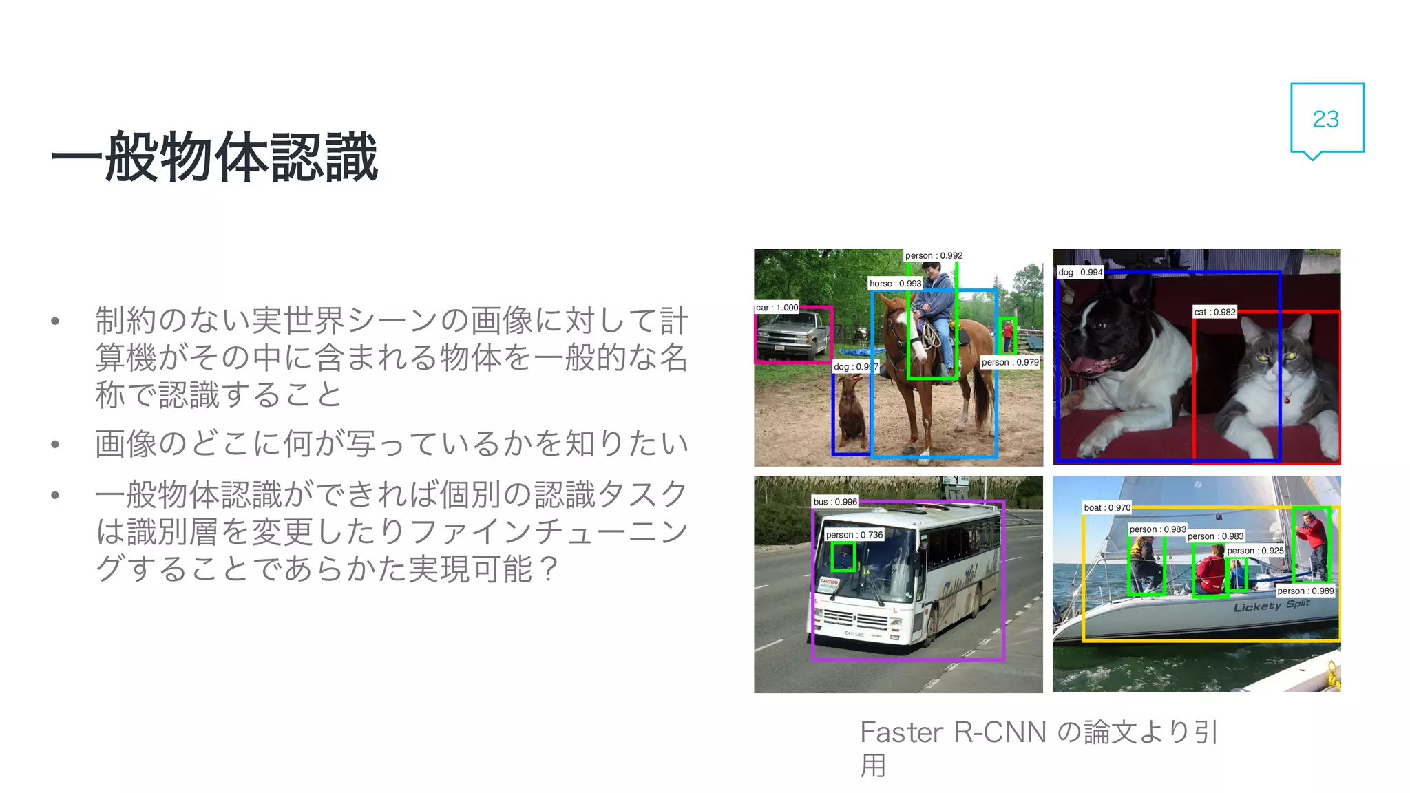 一般物体認識
• 制約のない実世界シーンの画像に対して計
算機がその中に含まれる物体を一般的な名
称で認識すること
• 画像のどこに何が写っているかを知りたい
• 一般物体認識ができれば個別の認識タスク
は識別層を変更したりファインチューニングす
ることであらかた実現可能？
Faster R-CNN の論文より引用
23
 