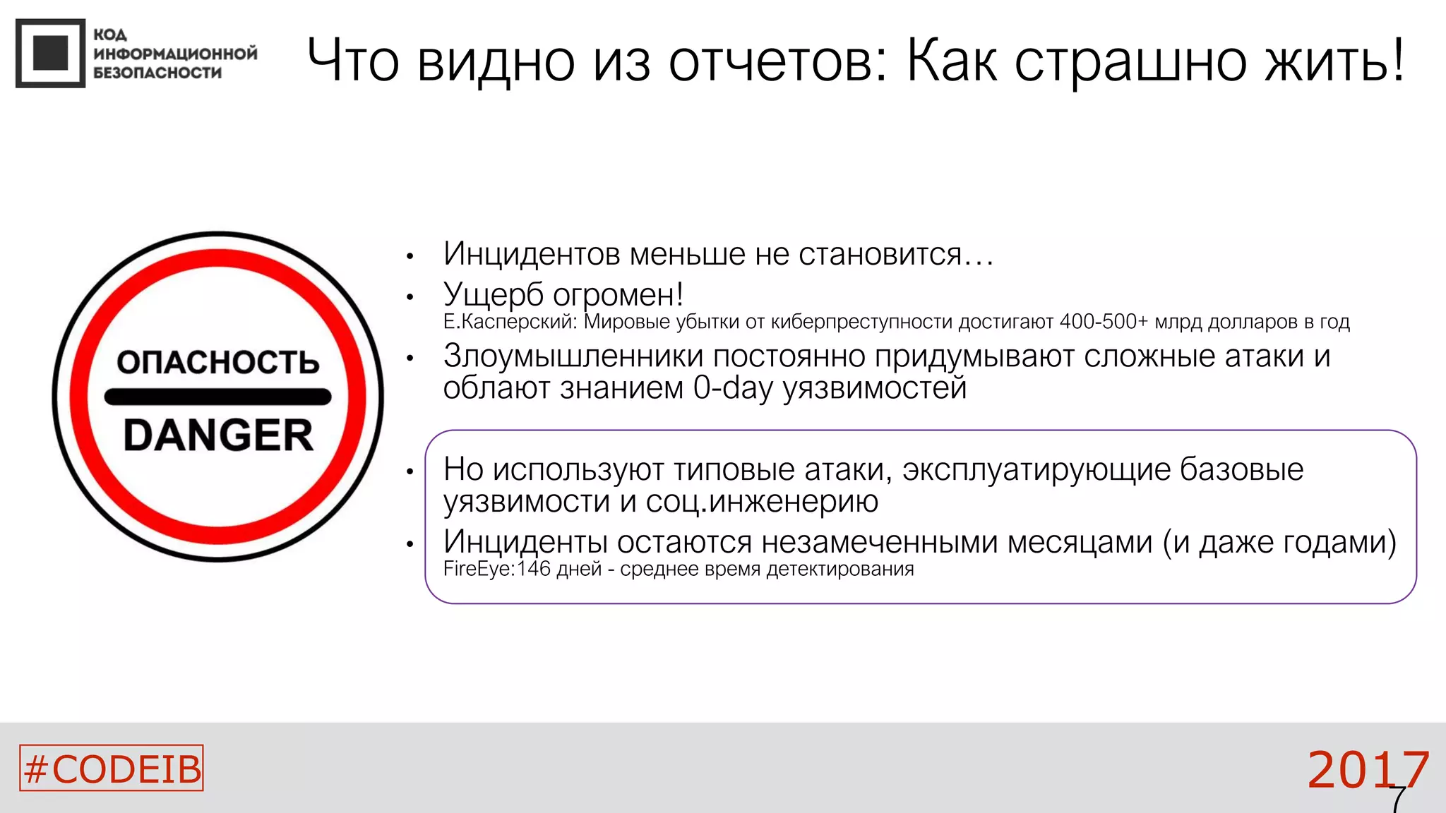 #CODEIB 2017
Что видно из отчетов: Как страшно жить!
• Инцидентов меньше не становится…
• Ущерб огромен!
Е.Касперский: Мировые убытки от киберпреступности достигают 400-500+ млрд долларов в год
• Злоумышленники постоянно придумывают сложные атаки и
облают знанием 0-day уязвимостей
• Но используют типовые атаки, эксплуатирующие базовые
уязвимости и соц.инженерию
• Инциденты остаются незамеченными месяцами (и даже годами)
FireEye:146 дней - среднее время детектирования
 