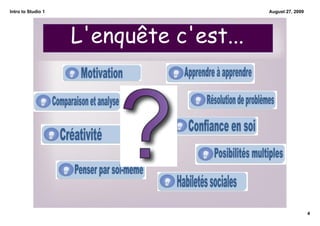 Intro to Studio 1                        August 27, 2009




                    L'enquête c'est...




                                                           4
 