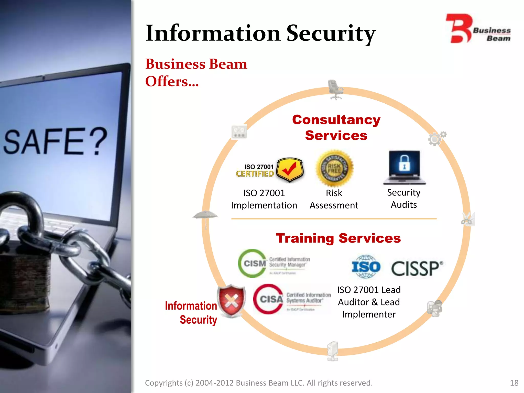 Information Security
Business Beam
Offers…

                                         Consultancy
                                          Services



                          ISO 27001              Risk              Security
                        Implementation        Assessment            Audits


                                    Training Services


                                                     ISO 27001 Lead
     Information                                     Auditor & Lead
                                                       Implementer
         Security




Copyrights (c) 2004-2012 Business Beam LLC. All rights reserved.              18
 