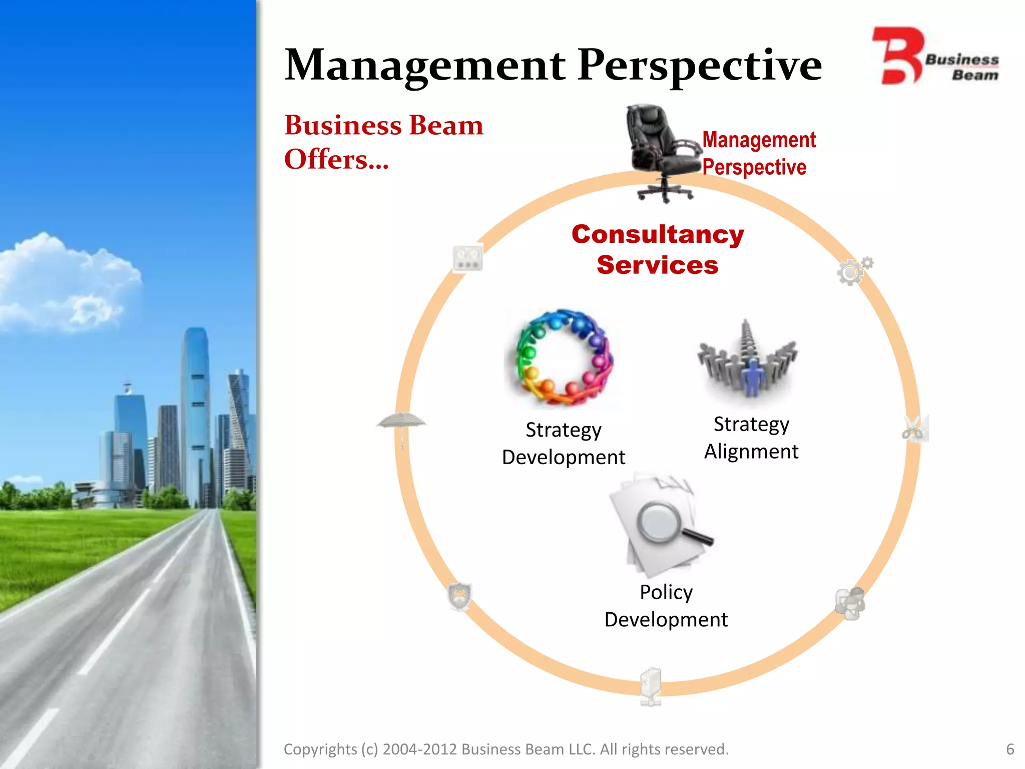Management Perspective
Business Beam                                               Management
Offers…                                                     Perspective


                                         Consultancy
                                          Services




                                 Strategy                    Strategy
                               Development                  Alignment




                                                Policy
                                             Development




Copyrights (c) 2004-2012 Business Beam LLC. All rights reserved.          6
 