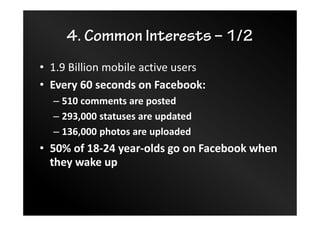 4. Common Interests – 1/2
• 1.9 Billion mobile active users
• Every 60 seconds on Facebook:
– 510 comments are posted
– 293,000 statuses are updated
– 136,000 photos are uploaded
• 50% of 18-24 year-olds go on Facebook when
they wake up
 