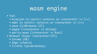 wasm engine
• Tool
• binaryen (a toolkit contains an interpreter in C++)
• wabt (a toolkit contains an interpreter in C++)
• wavm (LLVM-based JIT)
• wagon (interpreter in Golang)
• parity-wasm (interpreter in Rust)
• Browser (hyper interpreter/JIT)
• Chrome (V8)
• Edge (chakra)
• Firefox (spidermonkey)
 