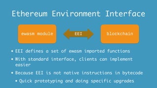 Ethereum Environment Interface
• EEI defines a set of ewasm imported functions
• With standard interface, clients can implement
easier
• Because EEI is not native instructions in bytecode
• Quick prototyping and doing specific upgrades
ewasm module EEI blockchain
 
