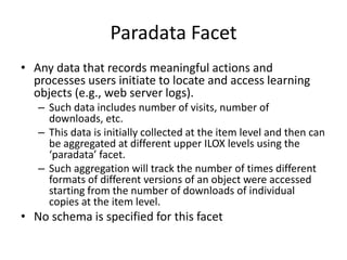 Paradata FacetAny data that records meaningful actions and processes users initiate to locate and access learning objects (e.g., web server logs).  Such data includes number of visits, number of downloads, etc. This data is initially collected at the item level and then can be aggregated at different upper ILOX levels using the ‘paradata’ facet. Such aggregation will track the number of times different formats of different versions of an object were accessed starting from the number of downloads of individual copies at the item level. No schema is specified for this facet